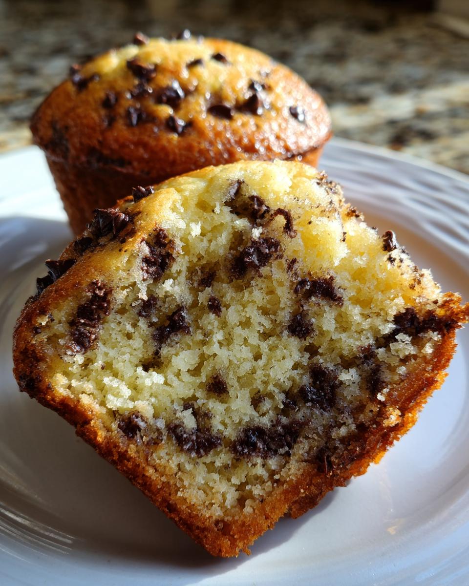 Close-up of a chocolate chip banana muffin cut in half showing its moist, yellow crumb texture.