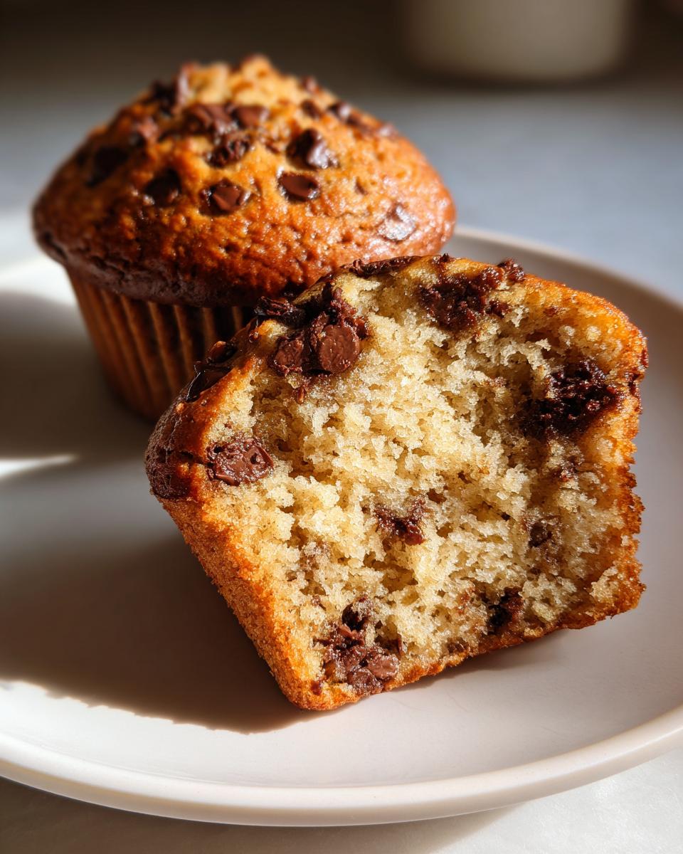 Close-up of a chocolate chip banana muffins cut in half showing the moist crumb texture.
