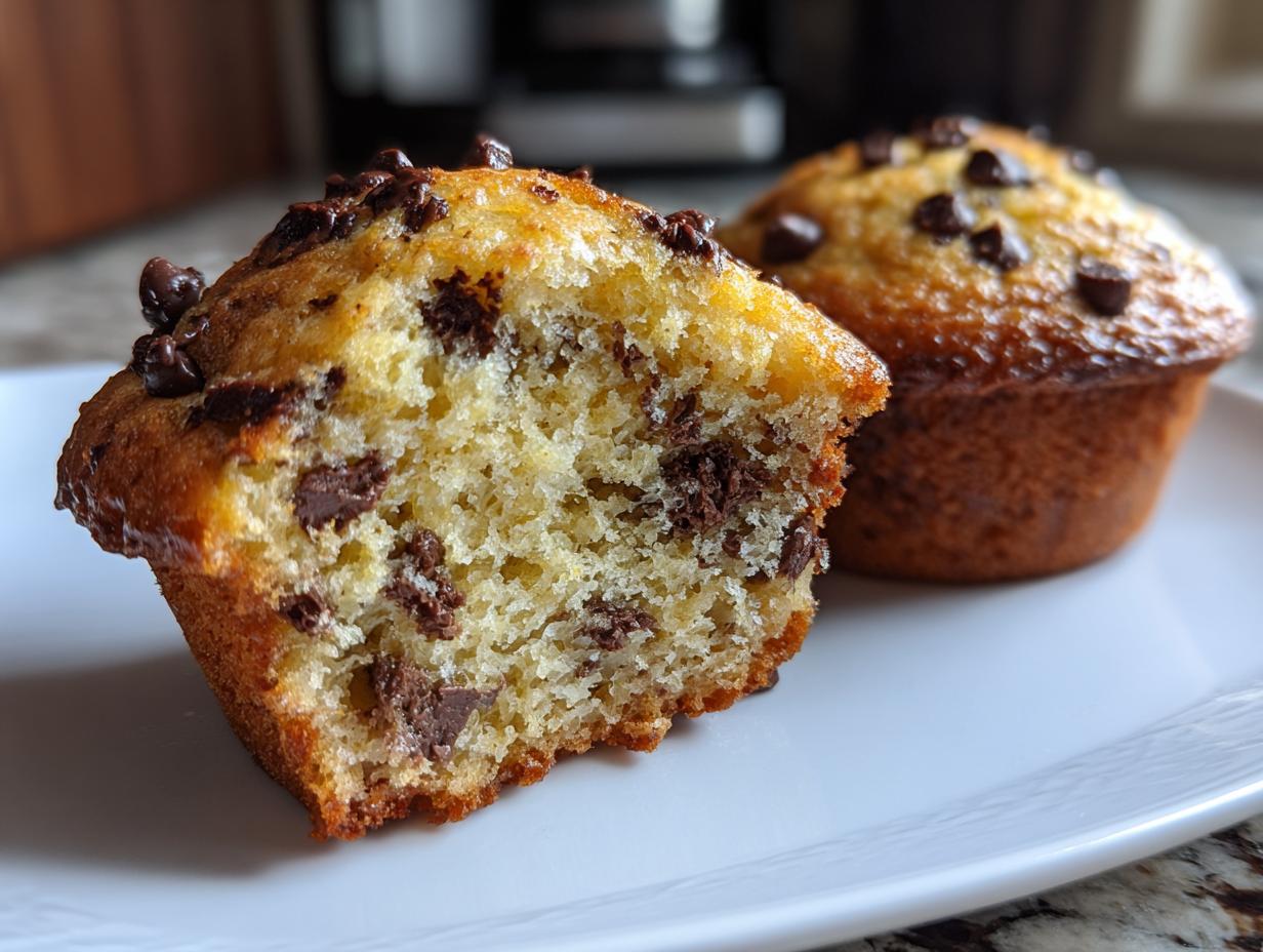 A chocolate chip banana muffin cut in half showing the moist interior texture and chocolate chips.