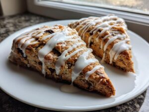 Two triangular chocolate chip scones drizzled with white vanilla glaze, resting on a white plate.
