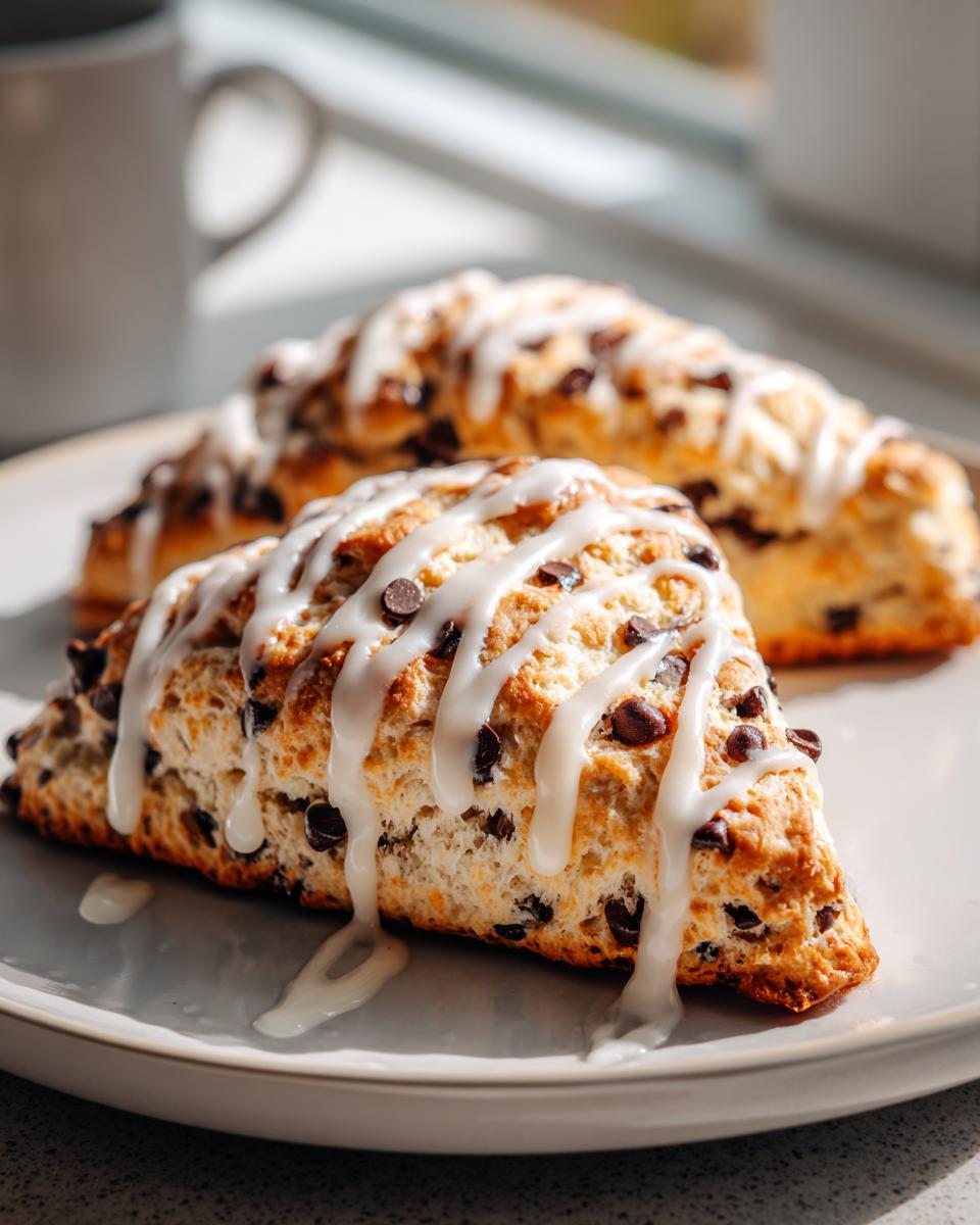 Two freshly baked chocolate chip scones drizzled with white icing on a plate.