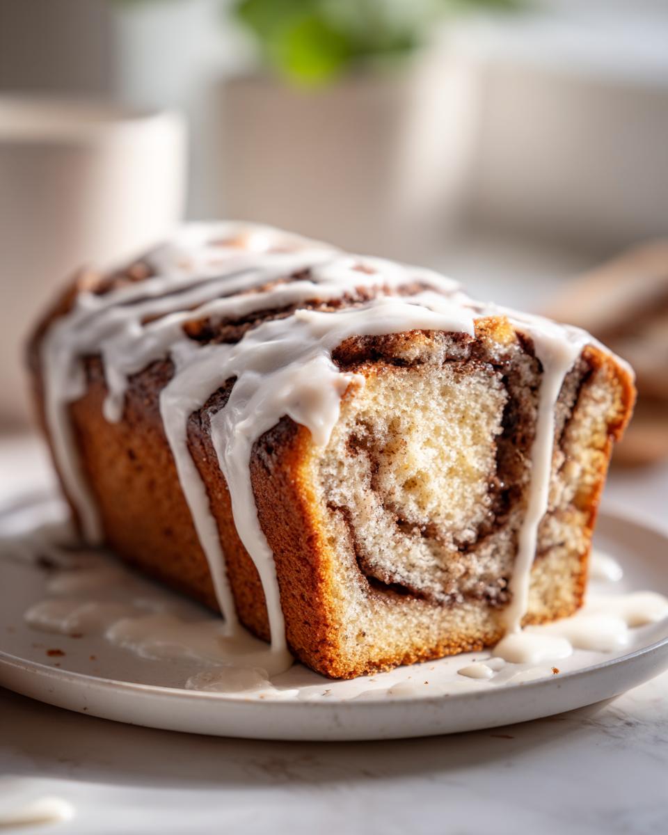 A close-up of a freshly baked cinnamon roll cake recipe loaf, drizzled heavily with white icing.
