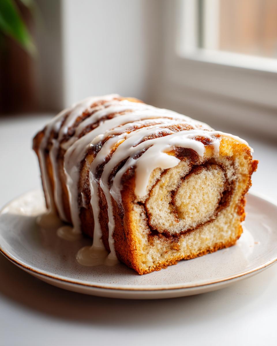 A slice of homemade cinnamon roll cake recipe loaf, drizzled heavily with white icing, sitting on a small plate.