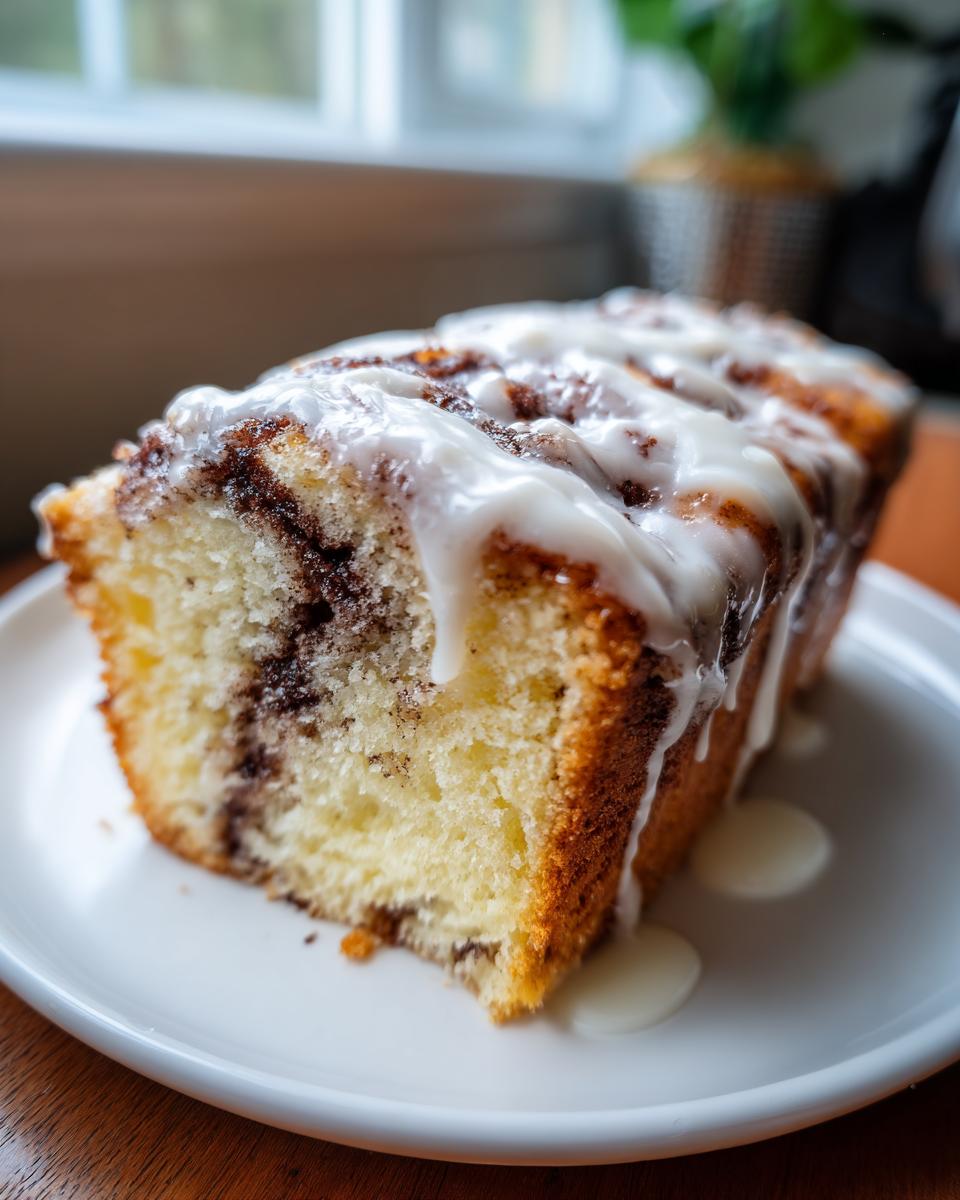 A close-up of a moist slice of cinnamon roll cake recipe, drizzled heavily with white vanilla icing.