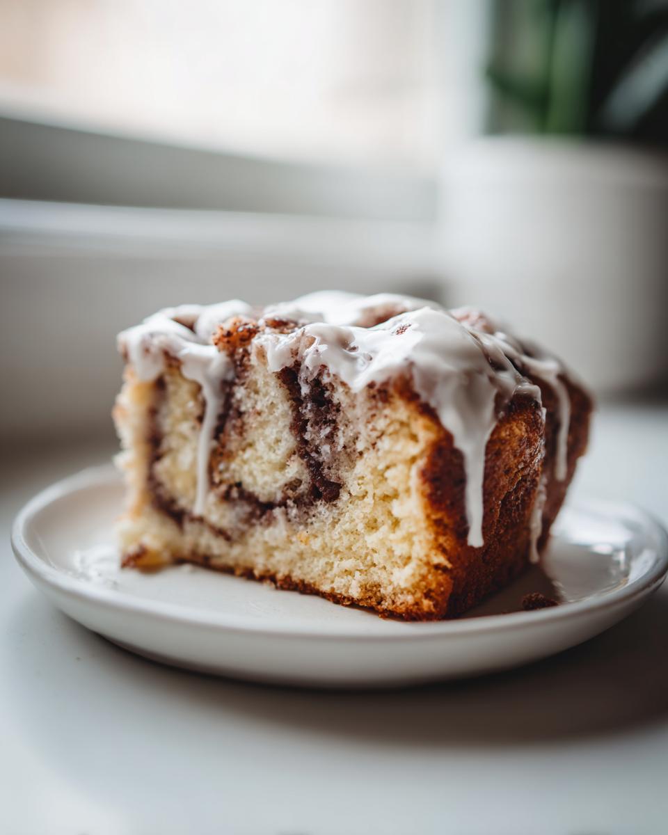 Close-up of a moist slice of cinnamon roll cake recipe with visible cinnamon swirl and white vanilla icing dripping down the sides.