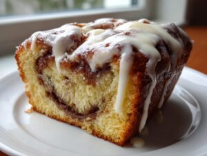 Close-up of a moist slice of cinnamon roll cake recipe, featuring a swirl of cinnamon filling and thick white icing drizzle.