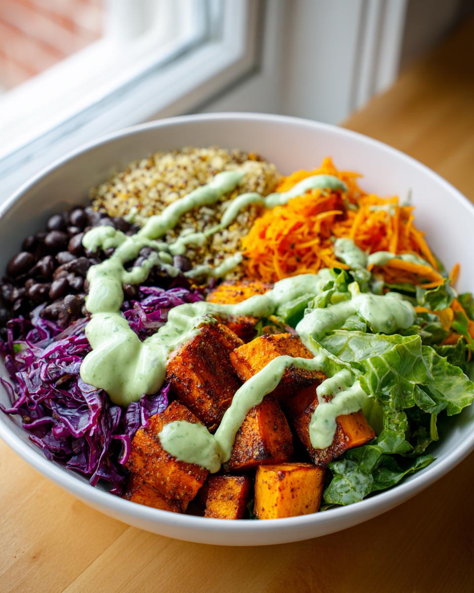 A vibrant buddha bowl featuring roasted sweet potatoes, black beans, quinoa, shredded carrots, and greens, drizzled with a creamy green dressing.