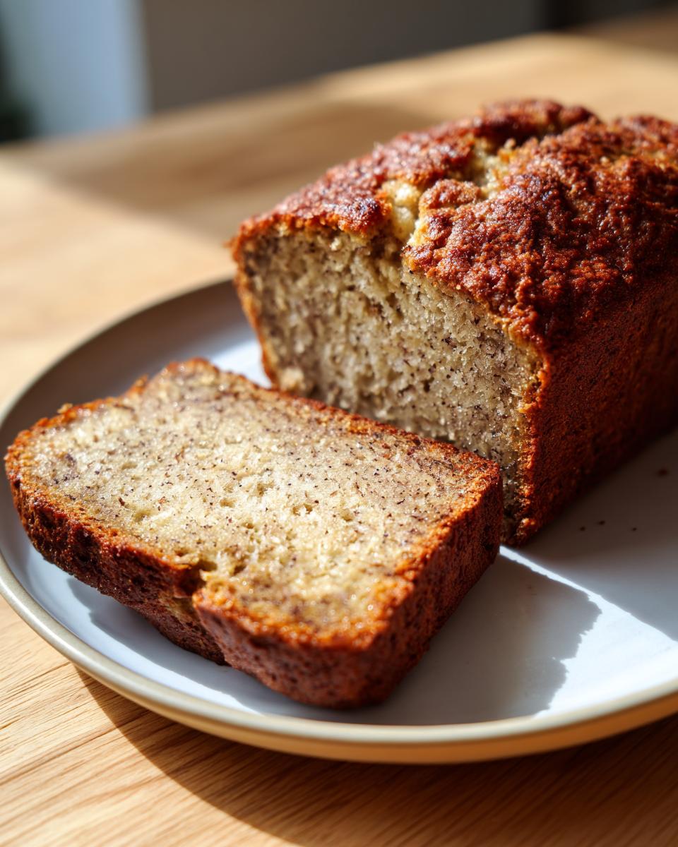 A close-up of a freshly baked cottage cheese banana bread loaf with one thick slice cut and resting beside it on a plate.