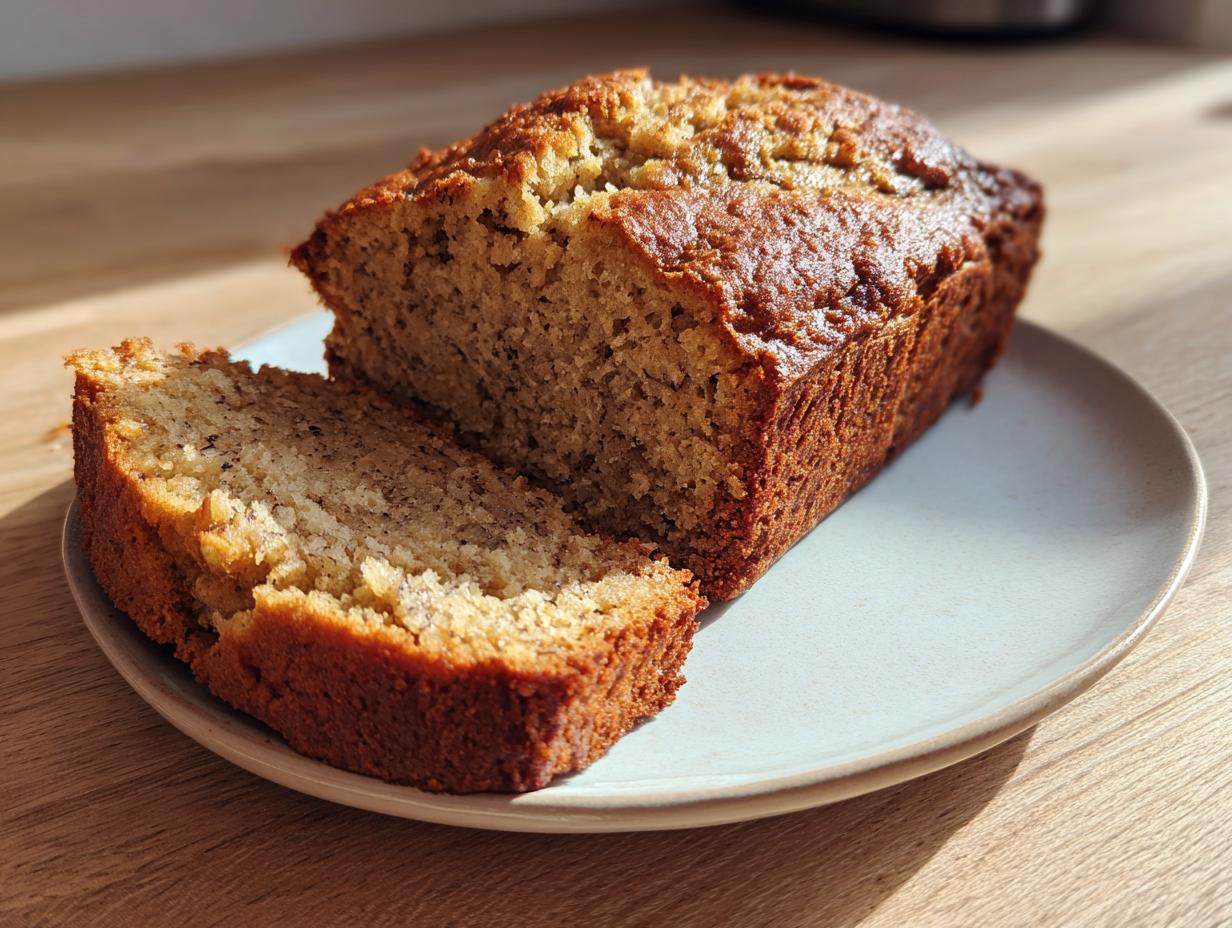 A golden brown loaf of cottage cheese banana bread with one slice cut and resting beside it on a light plate.