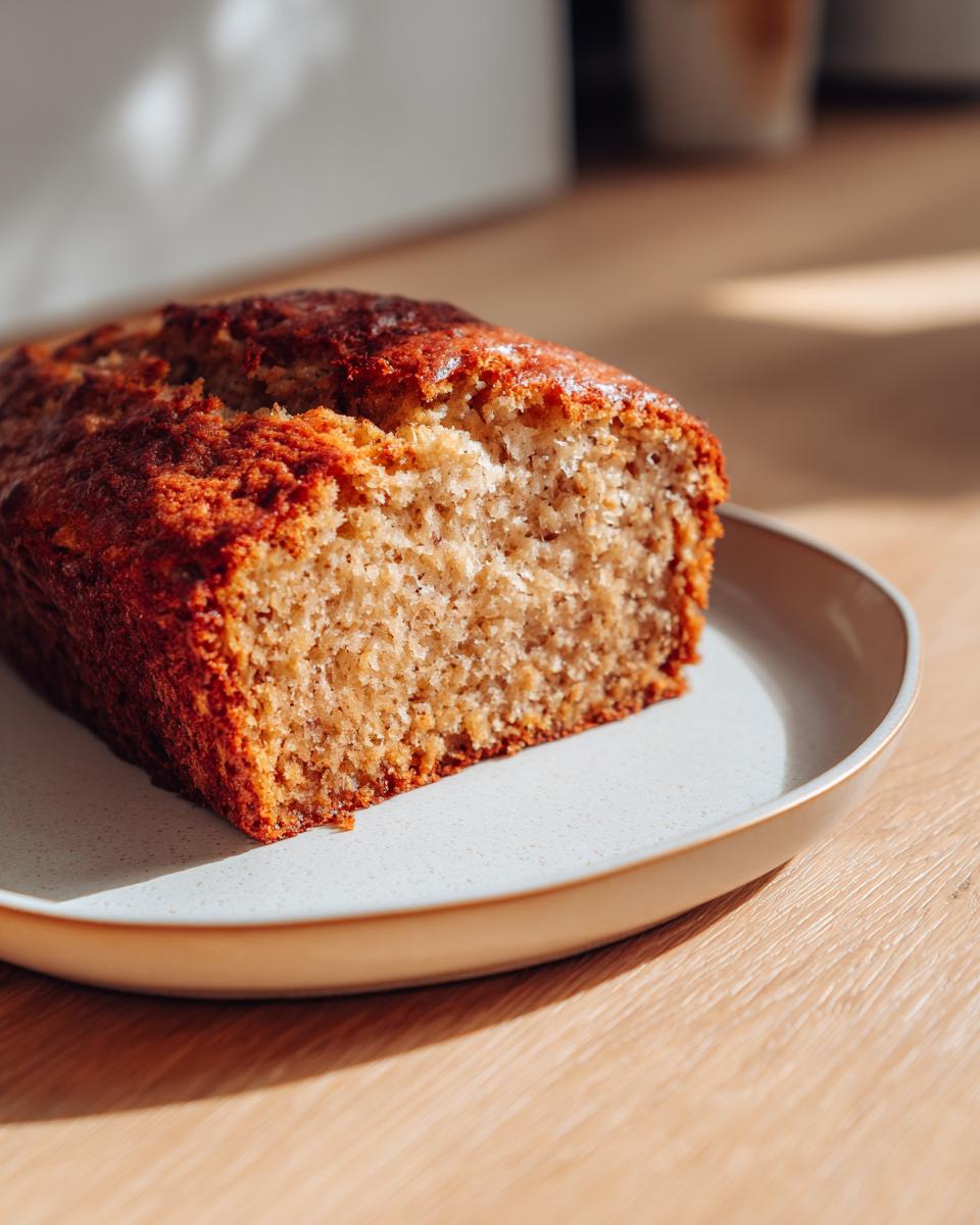 A freshly baked loaf of cottage cheese banana bread, showing a moist crumb and golden-brown crust, resting on a light plate.