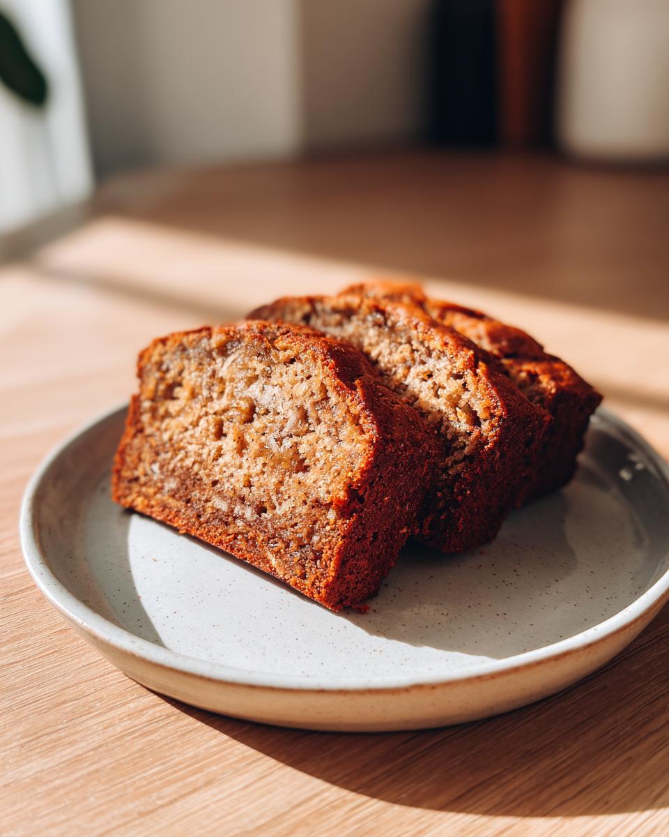 Three moist slices of cottage cheese banana bread resting on a speckled ceramic plate in bright sunlight.