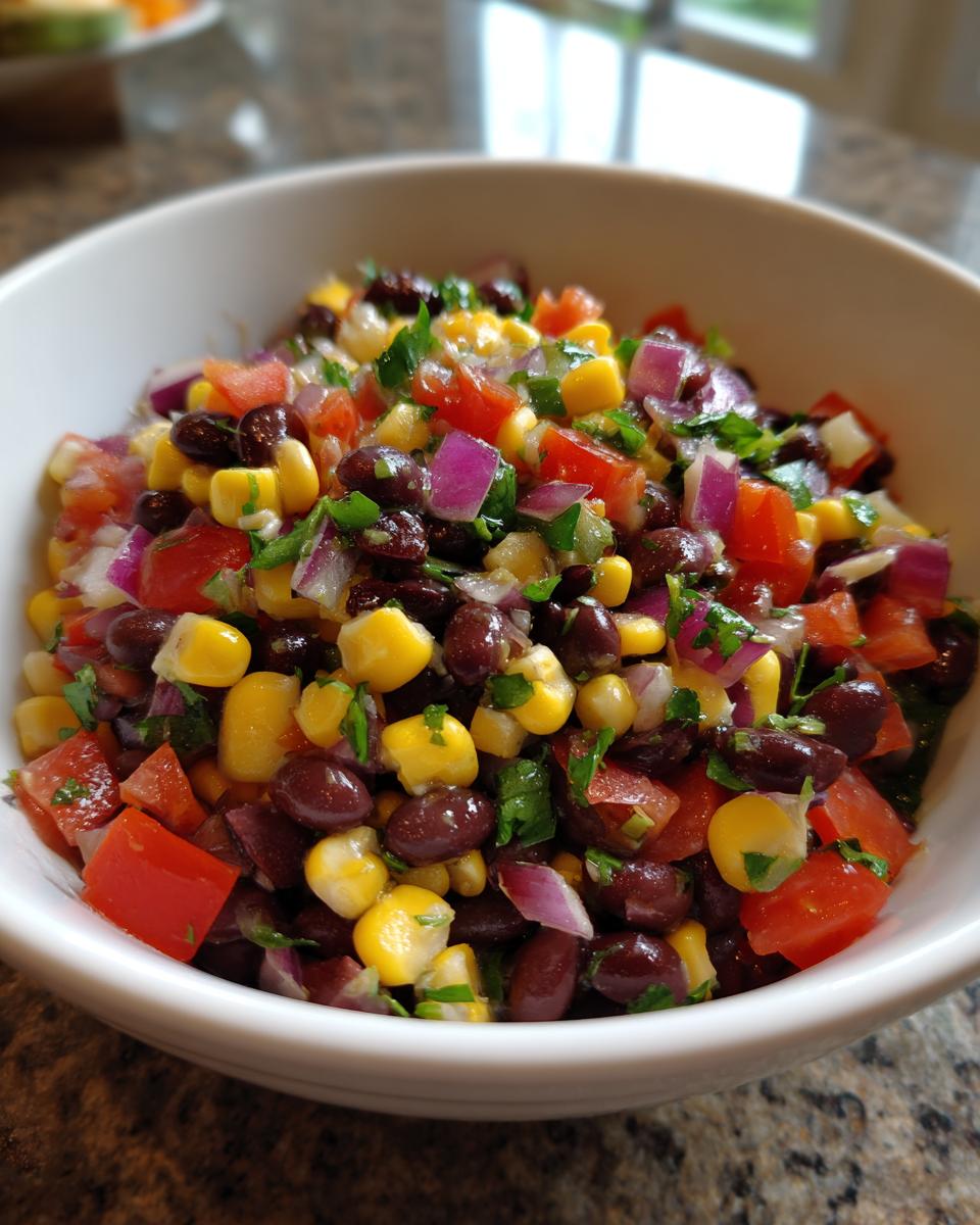 Close-up of a white bowl filled with fresh cowboy caviar recipe, featuring black beans, corn, tomatoes, and red onion.