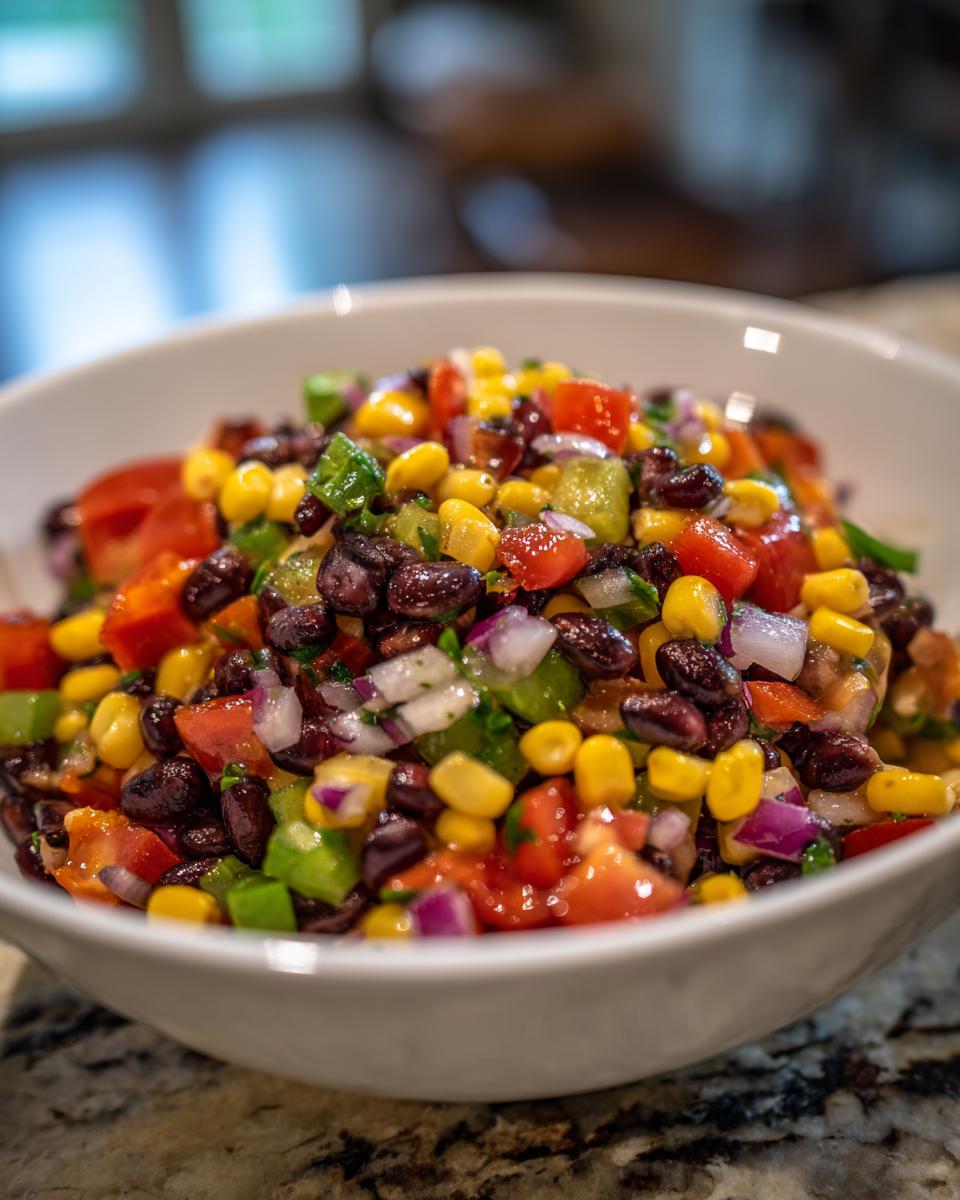 Close-up of fresh cowboy caviar recipe featuring black beans, corn, tomatoes, and red onion in a white bowl.