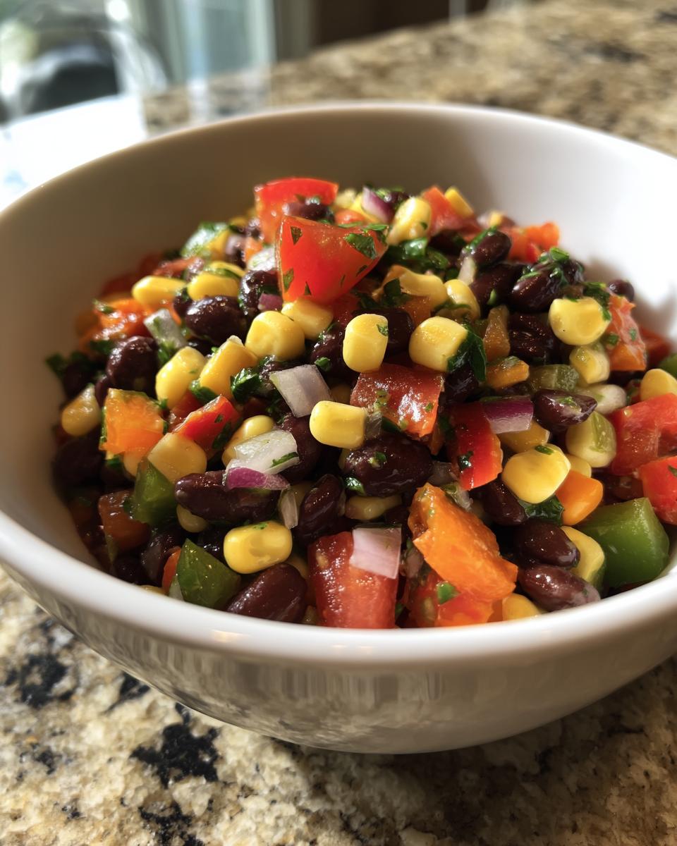 Close-up of vibrant cowboy caviar recipe featuring black beans, corn, tomatoes, and peppers in a white bowl.