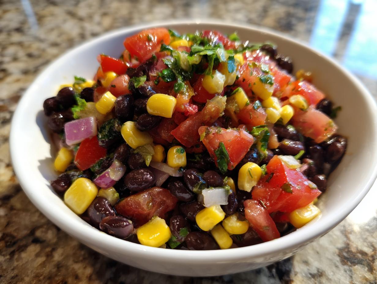 Close-up of vibrant Cowboy Caviar recipe featuring black beans, corn, tomatoes, and red onion in a white bowl.