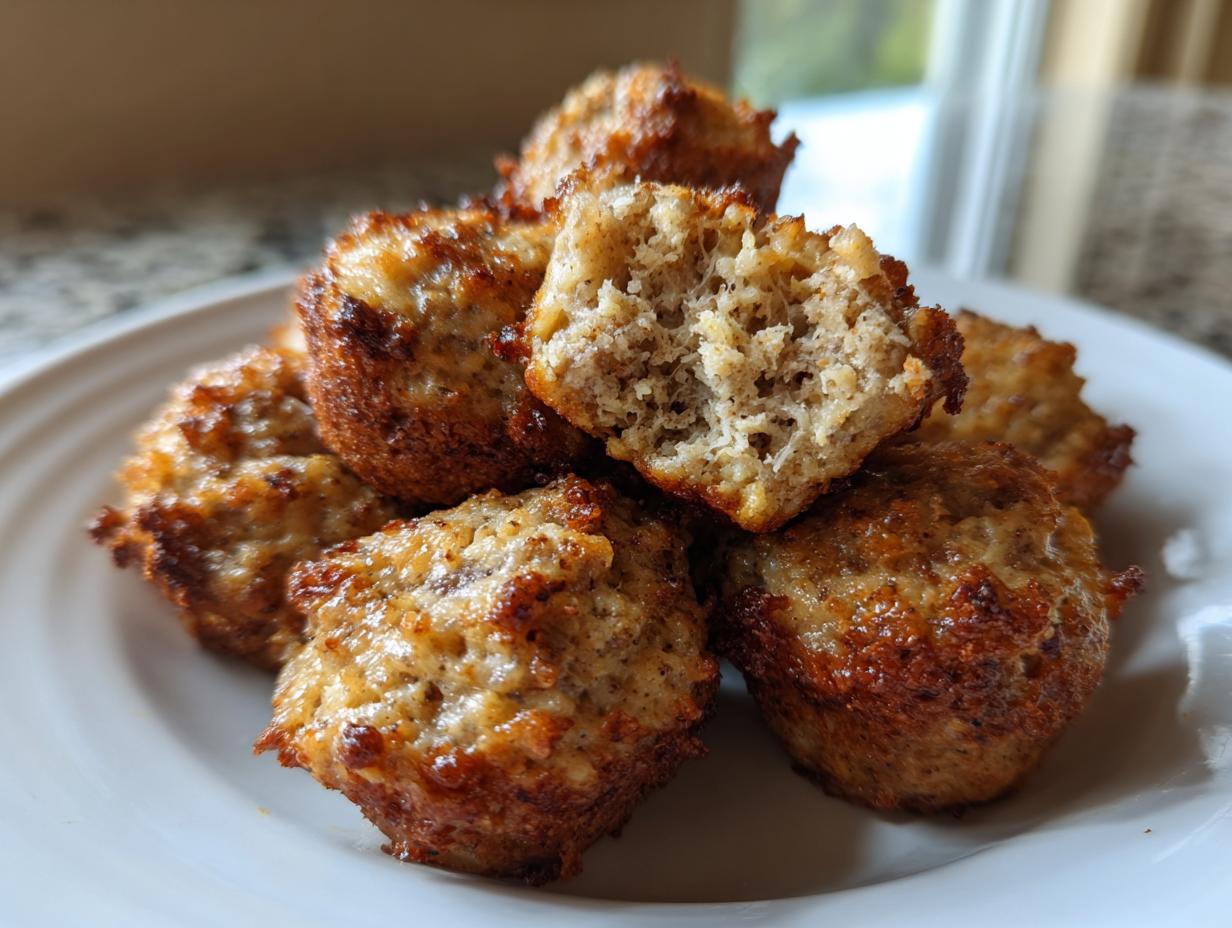 A close-up of several golden-brown cream cheese sausage balls piled on a white plate, one is broken open showing the moist interior.