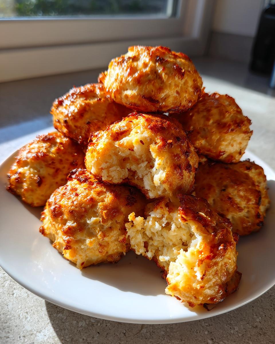 A stack of golden brown cream cheese sausage balls on a white plate, one is broken open showing the moist interior.