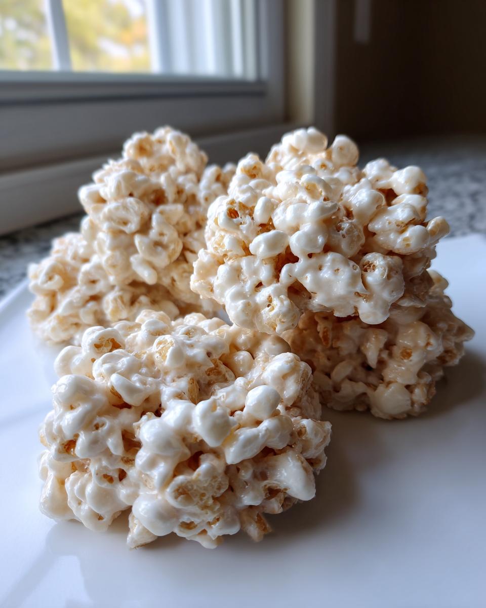 Three mounds of creamy, white avalanche cookies made with puffed cereal, sitting on a white plate.