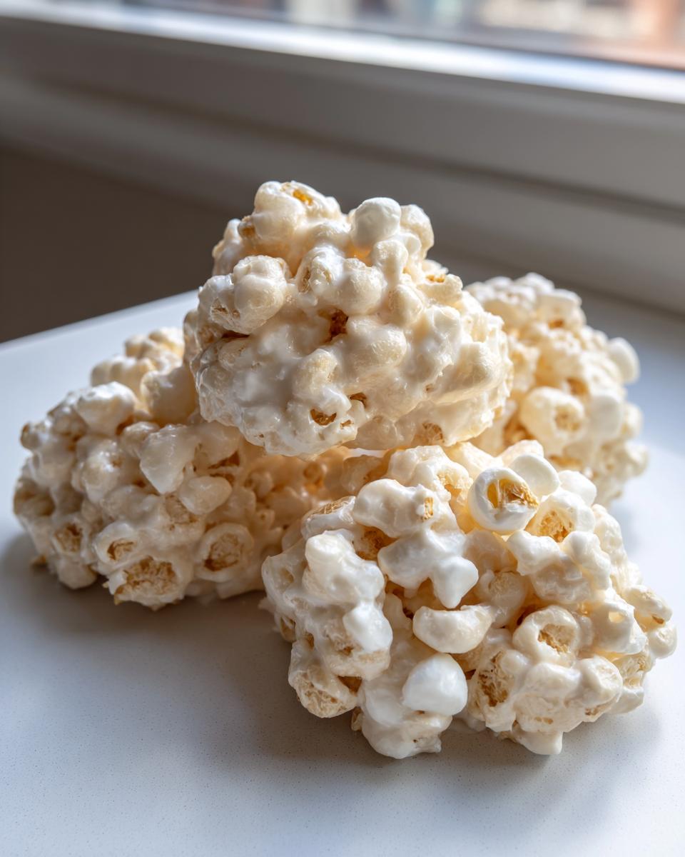 A close-up of three white, lumpy avalanche cookies made with popcorn and a creamy coating.