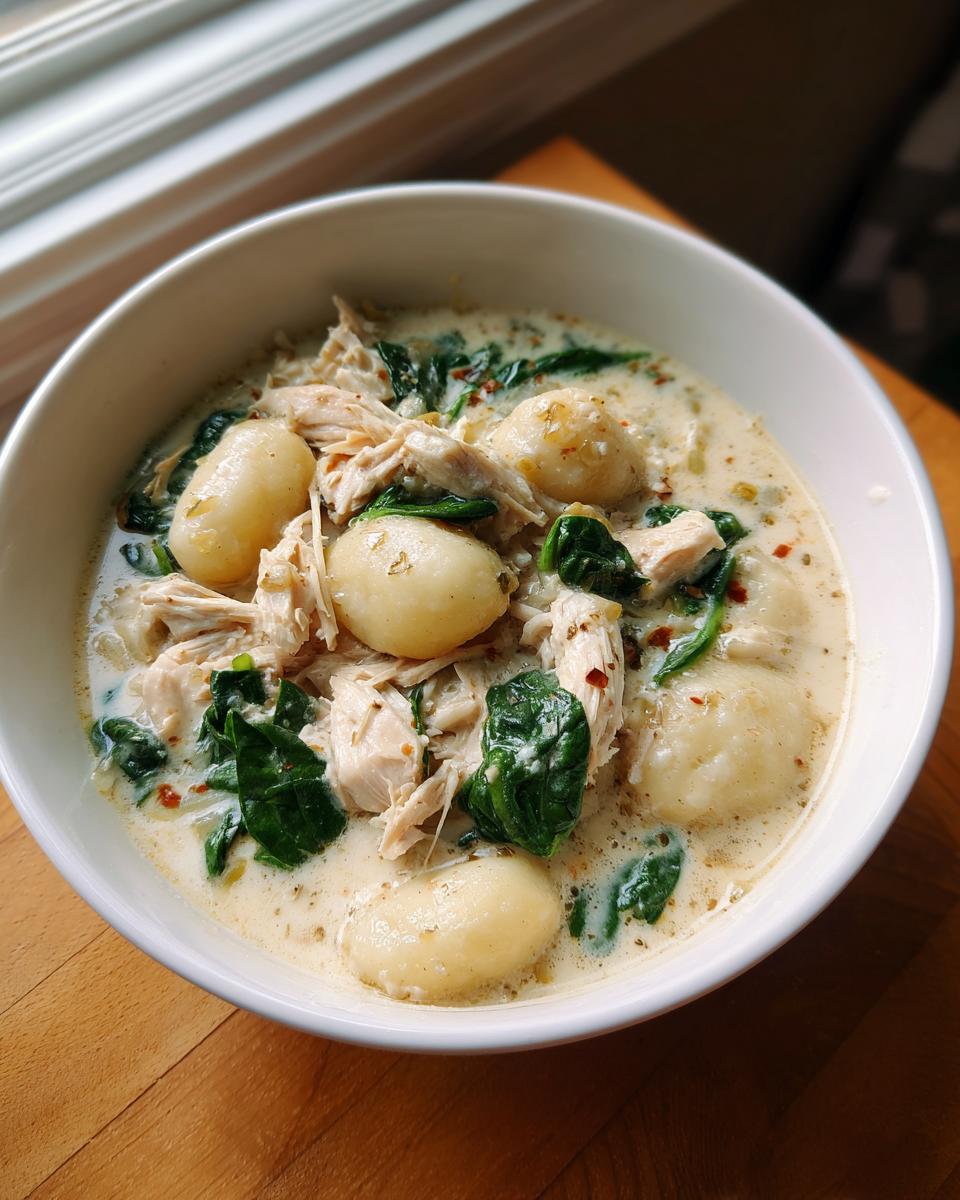 A close-up of a white bowl filled with creamy chicken gnocchi soup, featuring tender gnocchi and spinach.