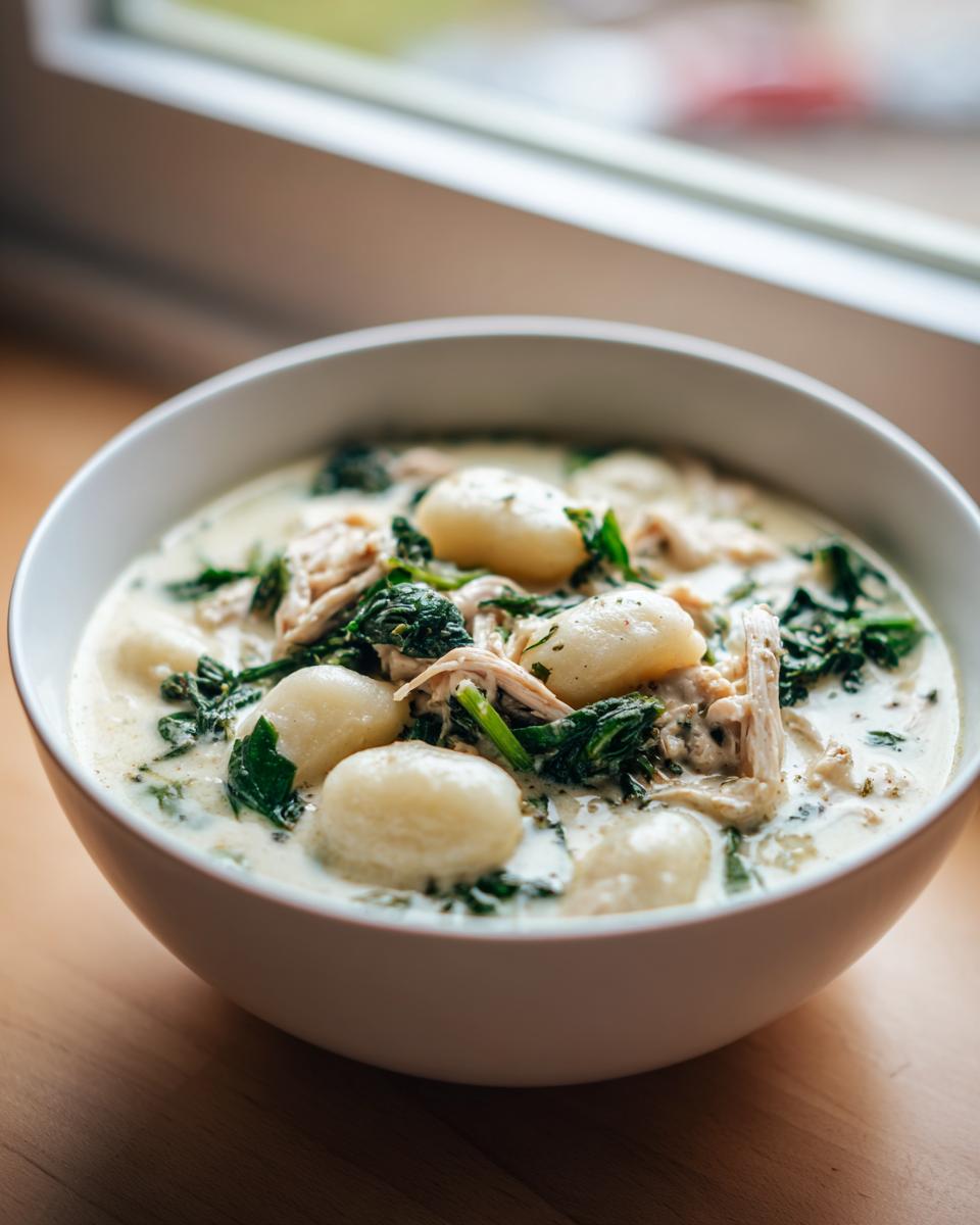 A close-up of a creamy chicken gnocchi soup featuring tender gnocchi, shredded chicken, and wilted spinach.