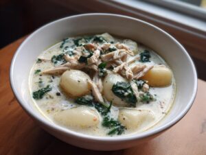 Close-up of a hearty bowl of creamy chicken gnocchi soup with spinach, ready to eat.