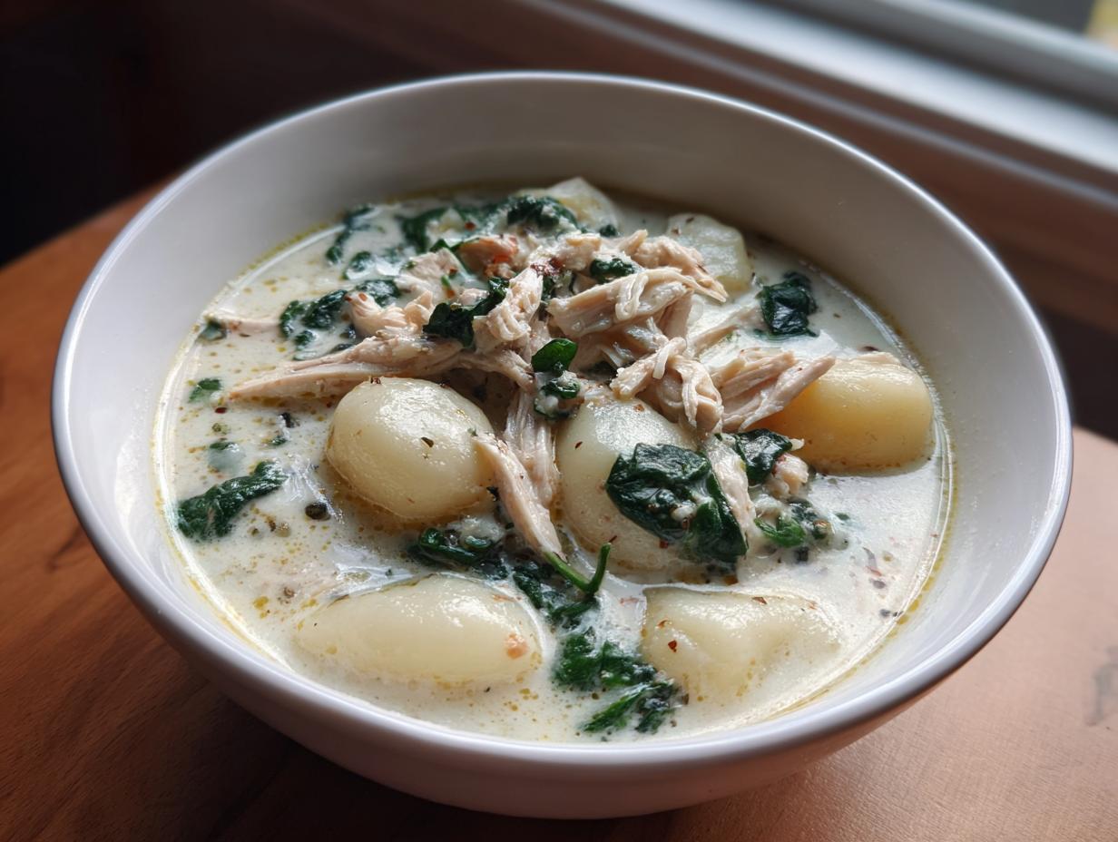 Close-up of a hearty bowl of creamy chicken gnocchi soup with spinach, ready to eat.
