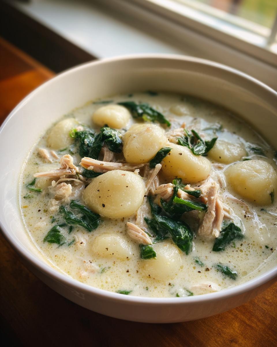 Close-up of a bowl of creamy gnocchi soup featuring plump gnocchi, shredded chicken, and wilted spinach.