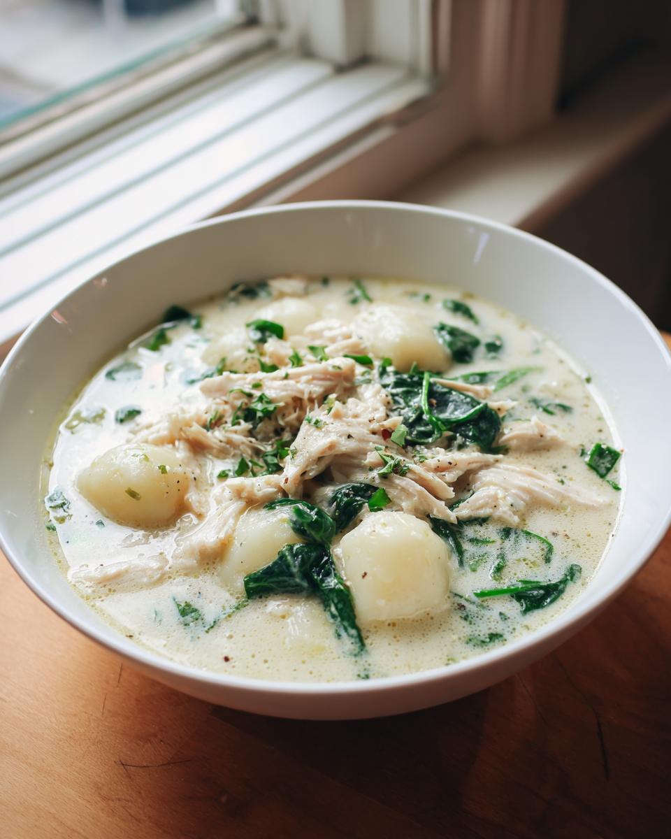 A comforting bowl of creamy chicken gnocchi soup featuring shredded chicken, spinach, and potato gnocchi.
