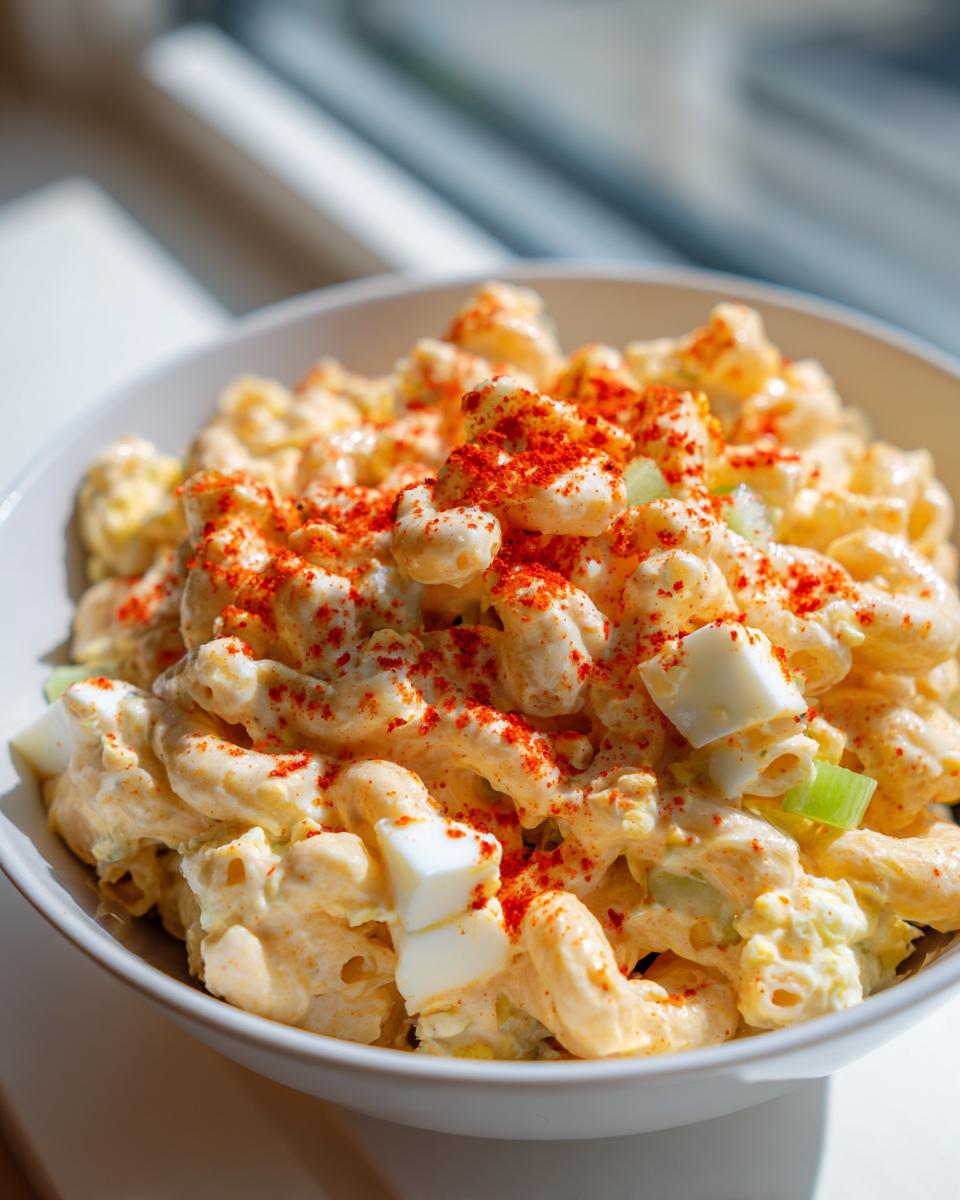 Close-up of a bowl of creamy deviled egg pasta salad, featuring elbow macaroni, chopped egg, and celery, dusted heavily with bright red paprika.
