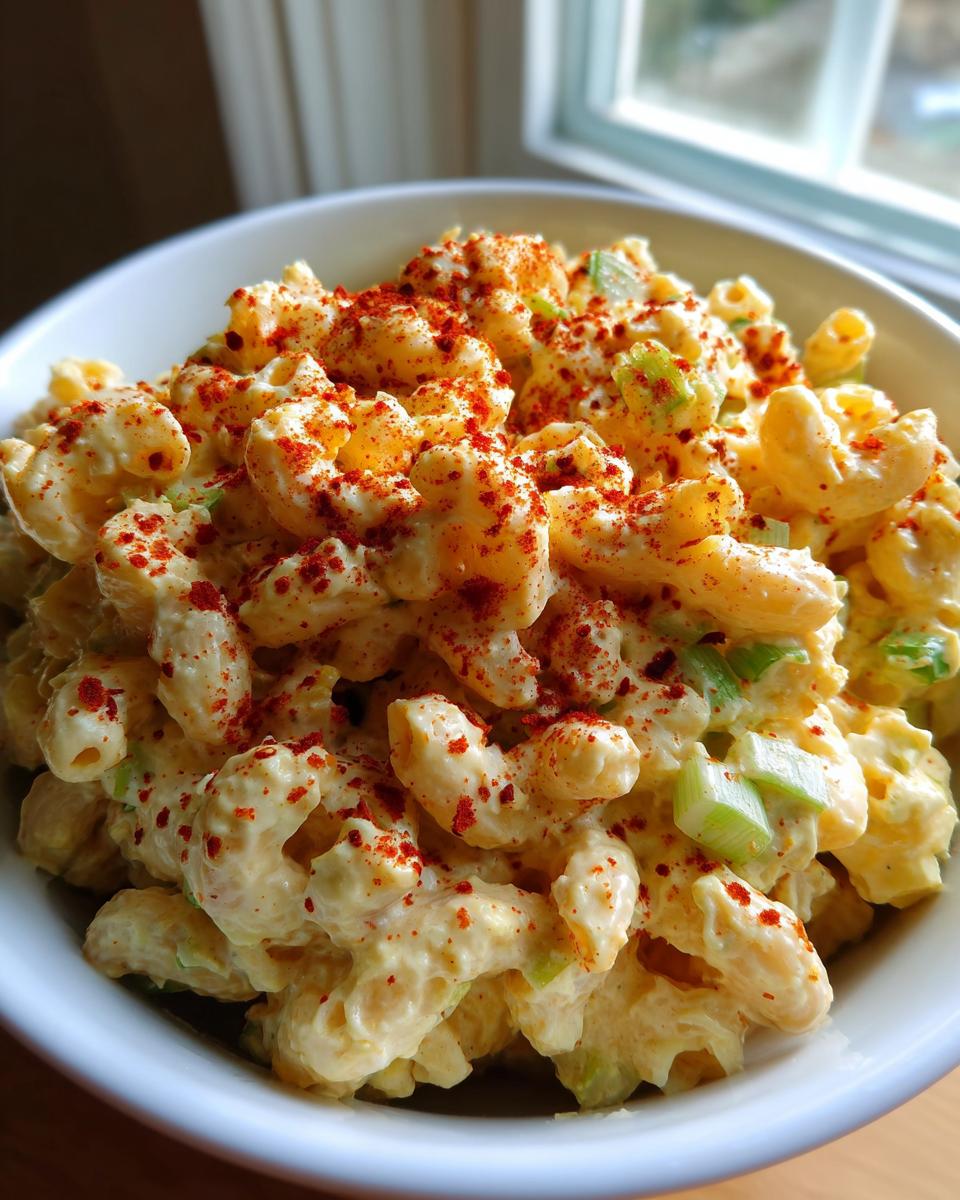 Close-up of a bowl of creamy deviled egg pasta salad, topped generously with bright red paprika.