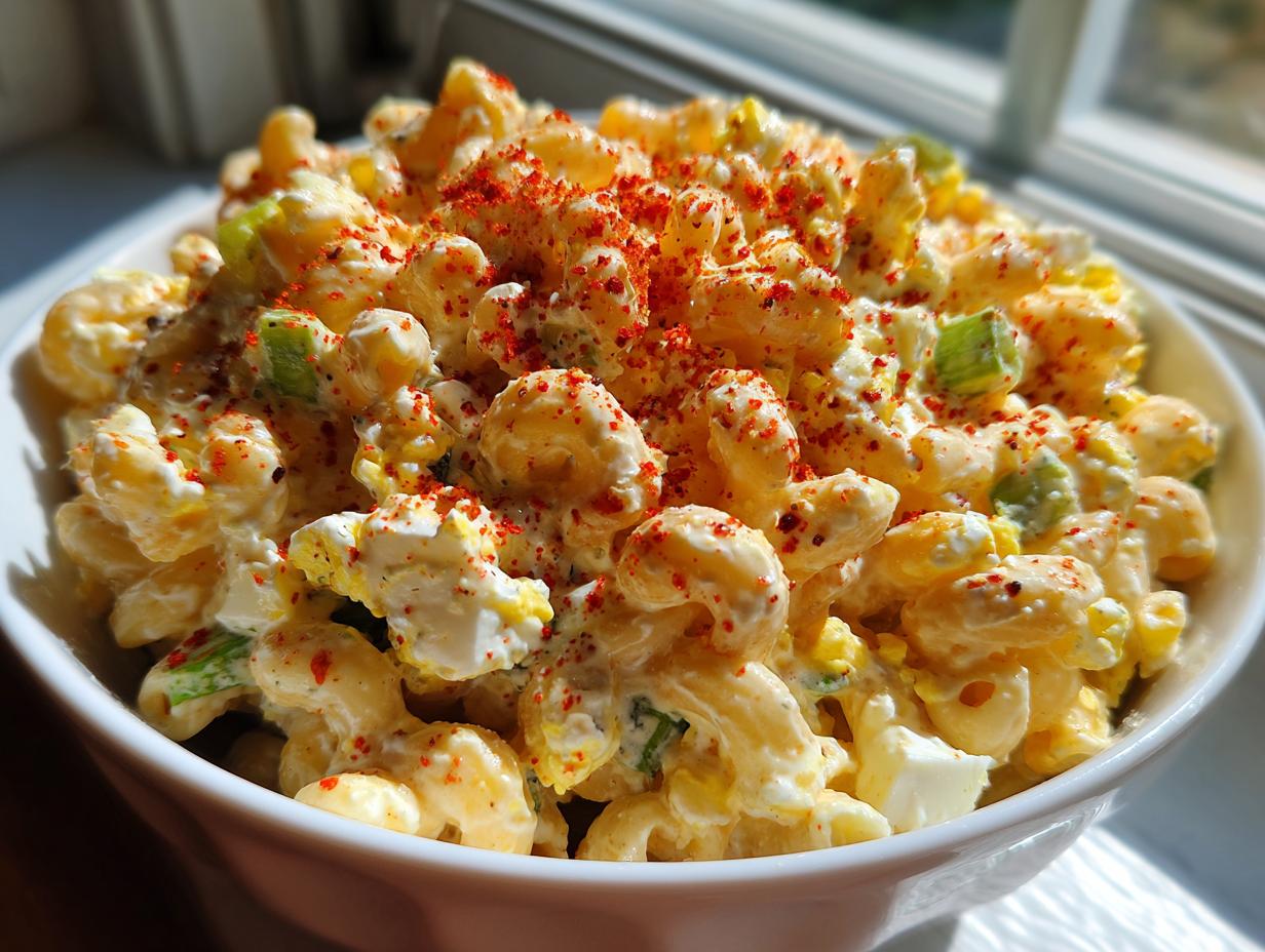 A close-up of creamy deviled egg pasta salad in a white bowl, topped generously with bright red paprika.