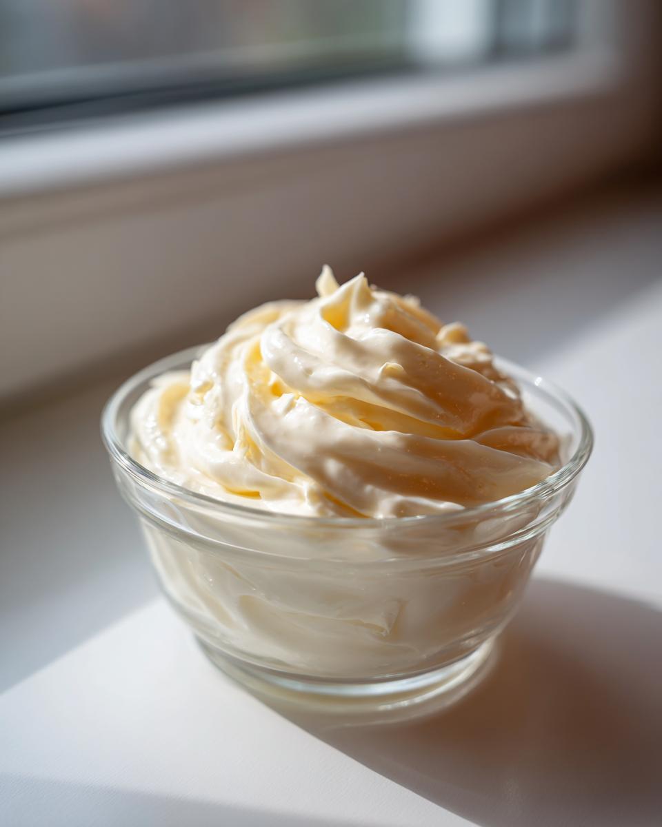 A close-up of creamy, pale yellow homemade garlic aioli recipe swirled high in a small clear glass bowl.