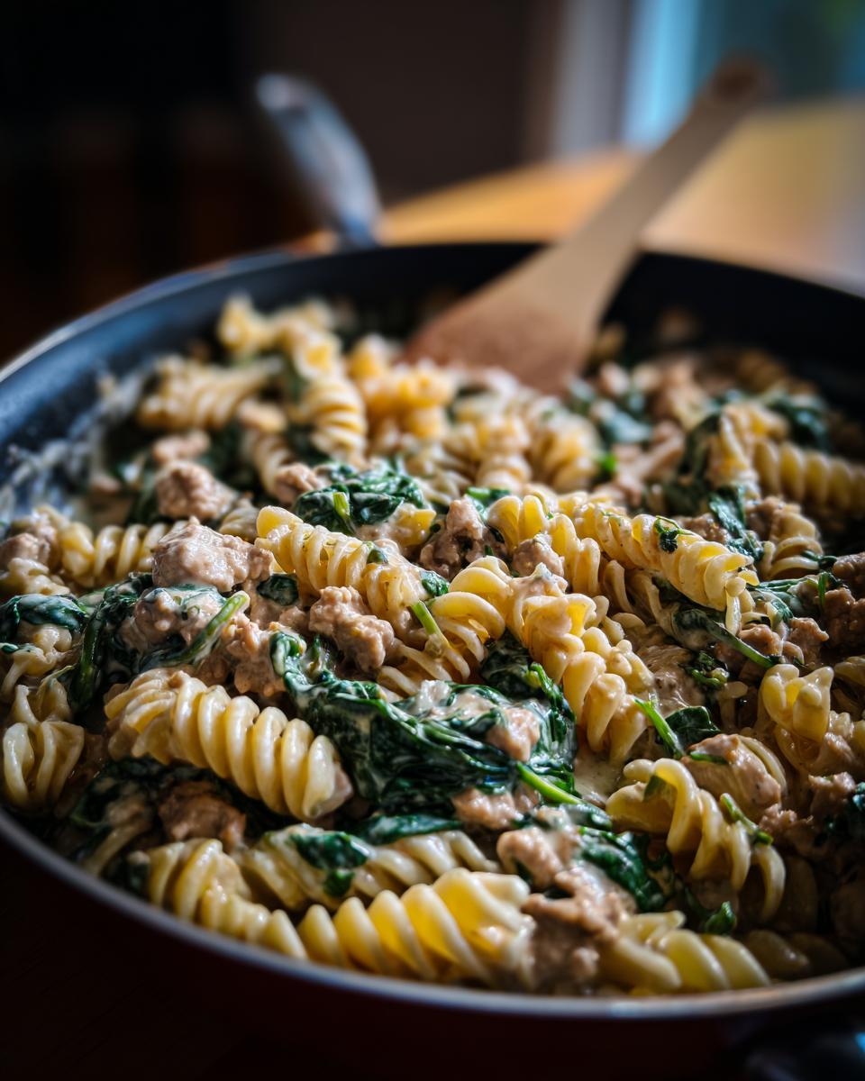 Close-up of creamy ground turkey pasta with fusilli noodles and wilted spinach being stirred in a dark skillet.