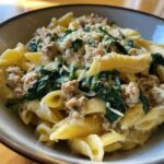 A close-up bowl of creamy ground turkey pasta mixed with wilted spinach and white sauce.