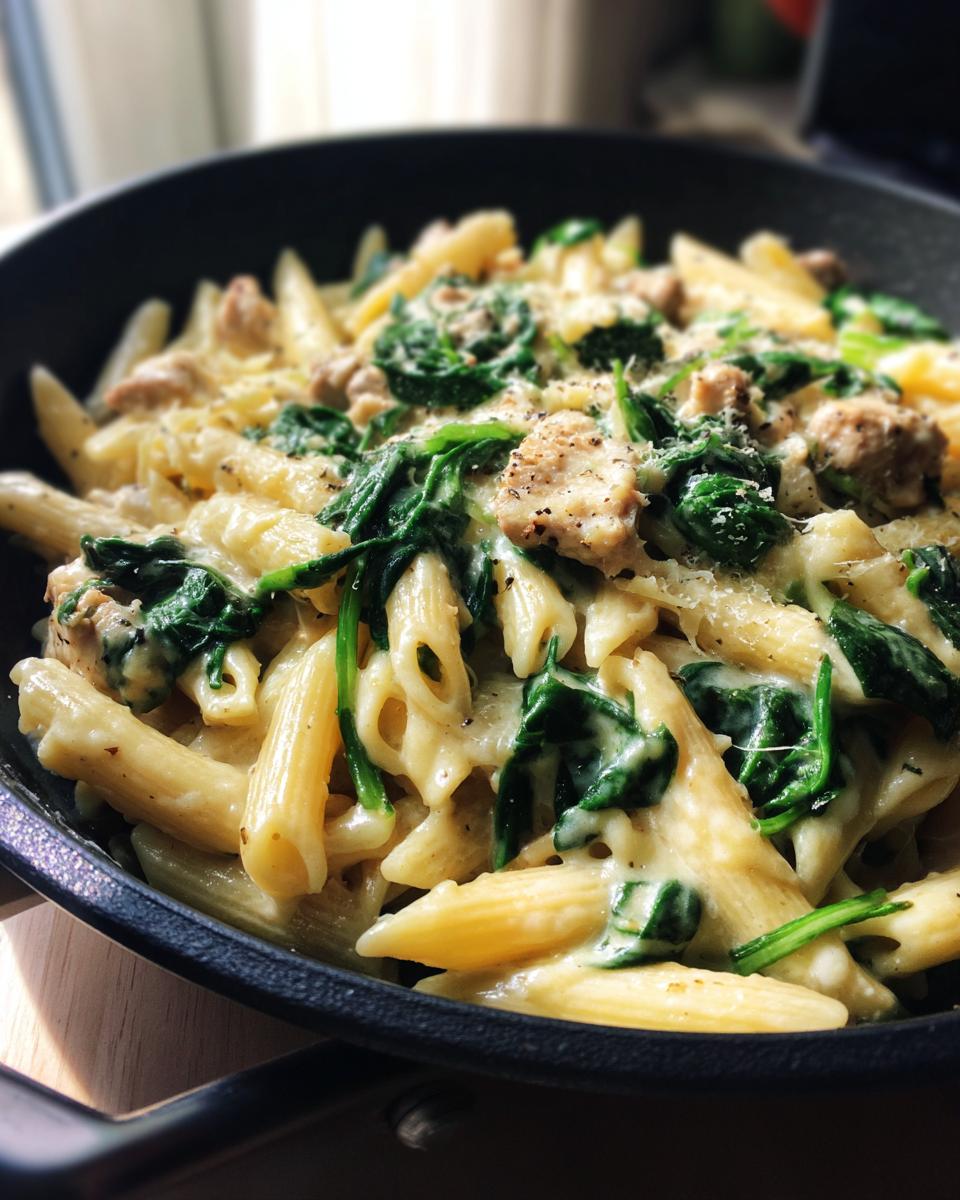 Close-up of creamy ground turkey pasta with penne, wilted spinach, and Parmesan cheese in a black skillet.
