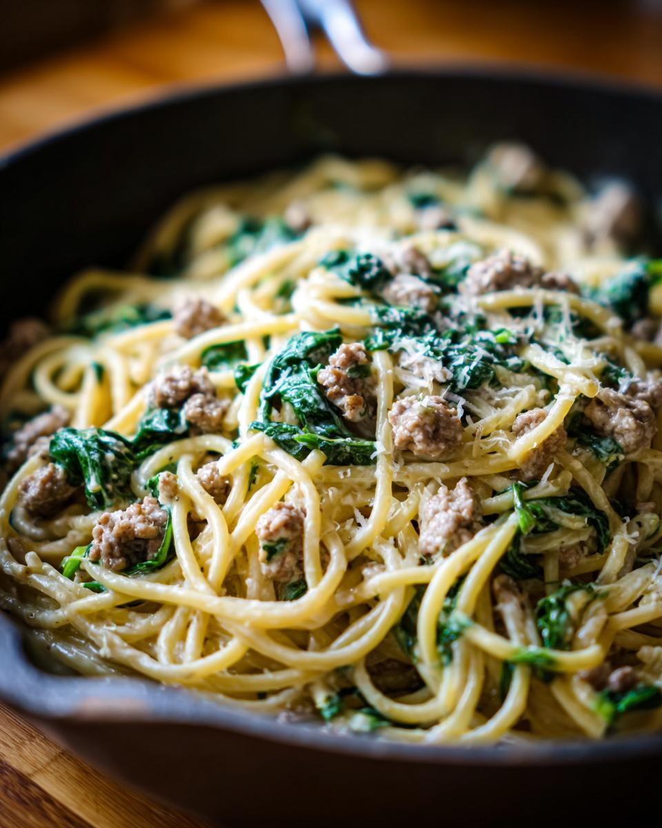 Close-up of creamy ground turkey pasta mixed with wilted spinach and grated Parmesan cheese in a dark skillet.
