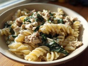 A close-up of creamy ground turkey pasta made with fusilli pasta and wilted spinach.