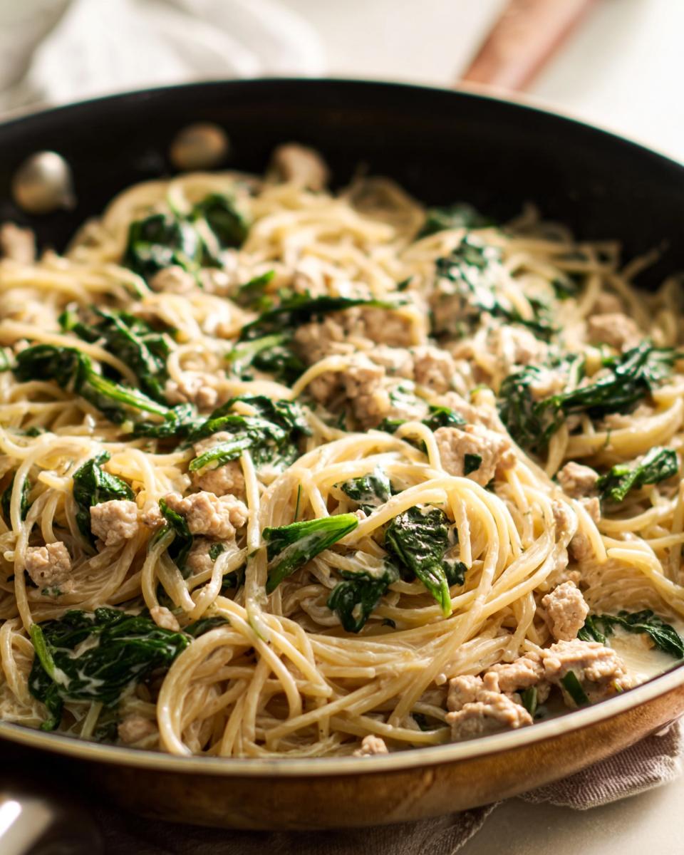 Close-up of creamy ground turkey pasta mixed with wilted spinach, served directly in a skillet.