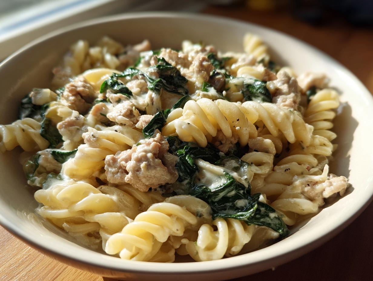 A close-up of creamy ground turkey pasta made with fusilli pasta and wilted spinach.