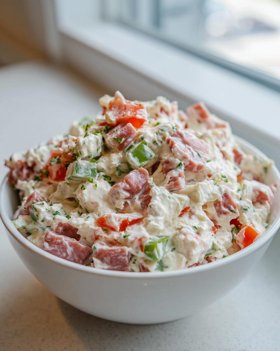 A close-up of a white bowl filled with creamy hoagie dip containing chunks of meat, tomatoes, and green peppers.