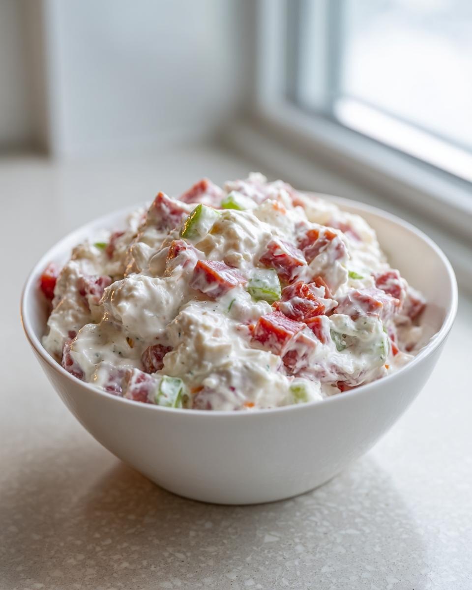 Close-up of a creamy, chunky hoagie dip mixed with diced meats and green peppers in a white bowl.