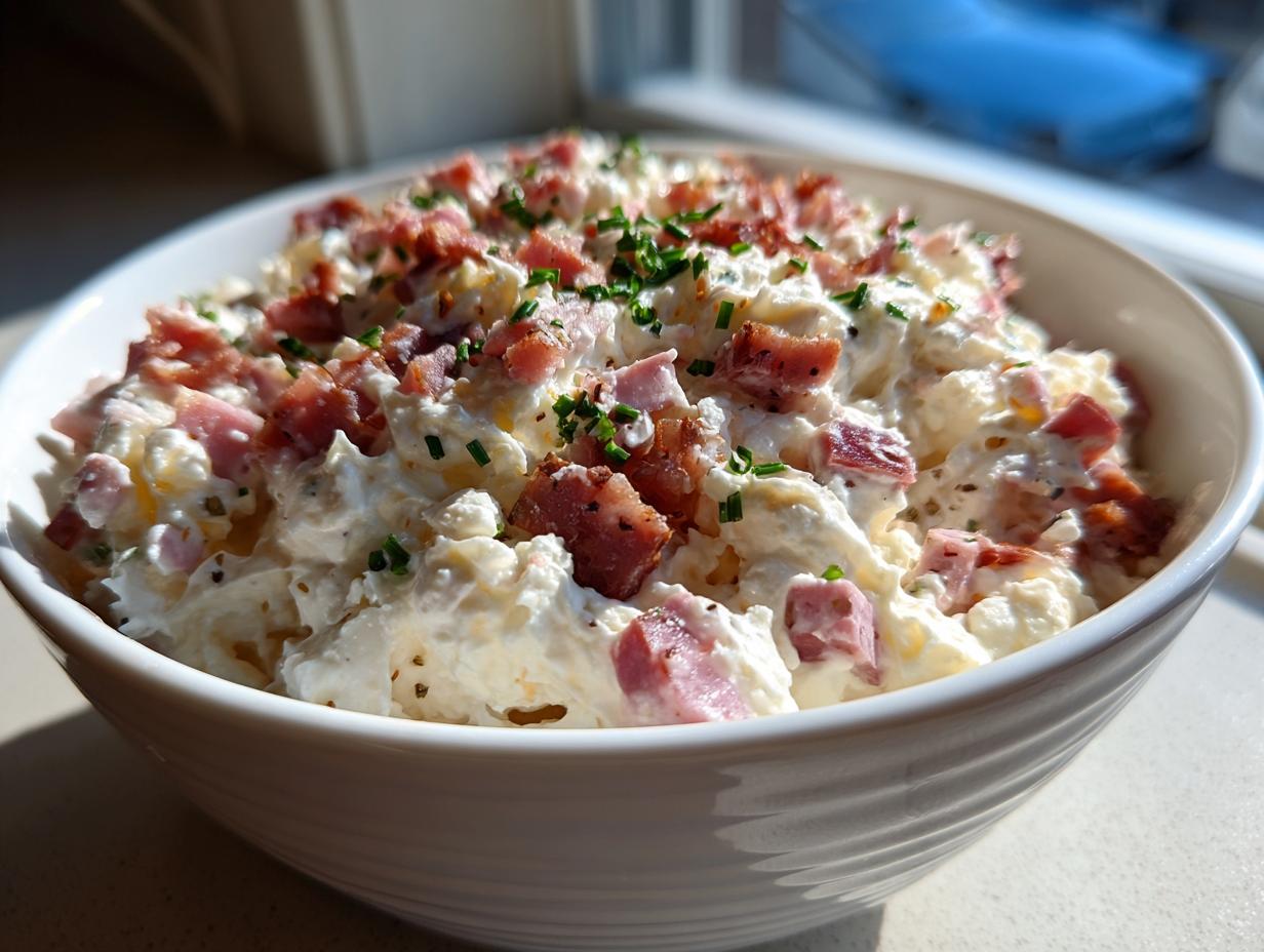 Close-up of a creamy hoagie dip loaded with chunks of ham and topped with fresh green chives.