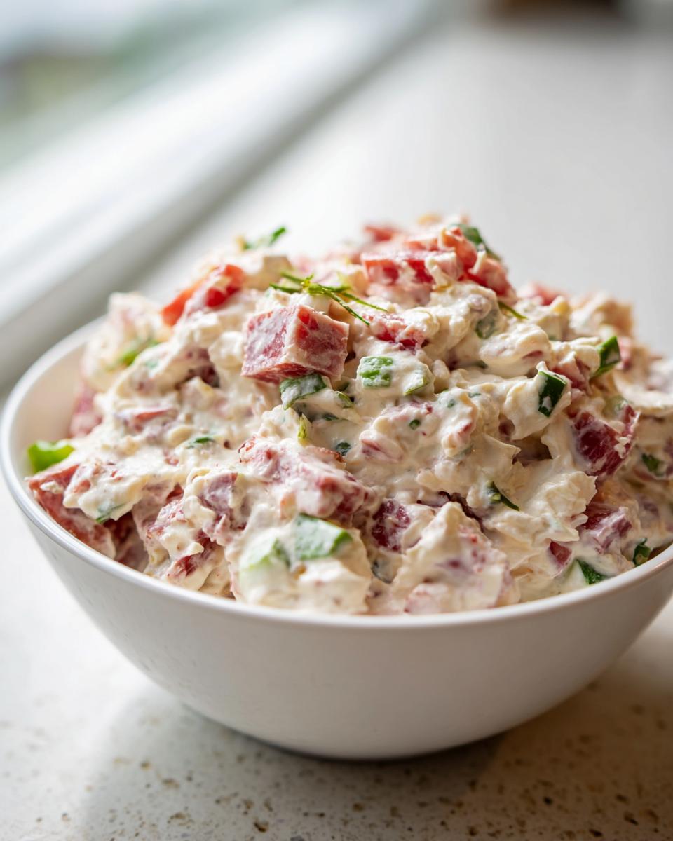 A close-up of a creamy, chunky hoagie dip filled with diced meat and vegetables in a white bowl.