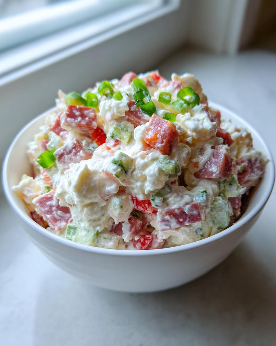 A close-up of creamy hoagie dip loaded with diced meats and vegetables, topped with green onions, served in a white bowl.