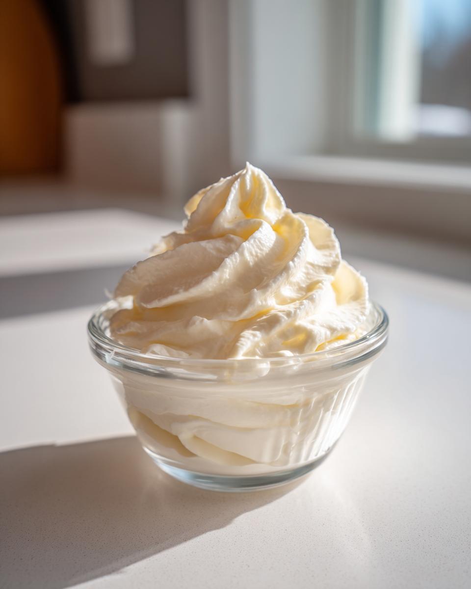 A small glass bowl filled with fluffy, homemade whipped cream, possibly representing the texture of a creamy garlic aioli recipe.