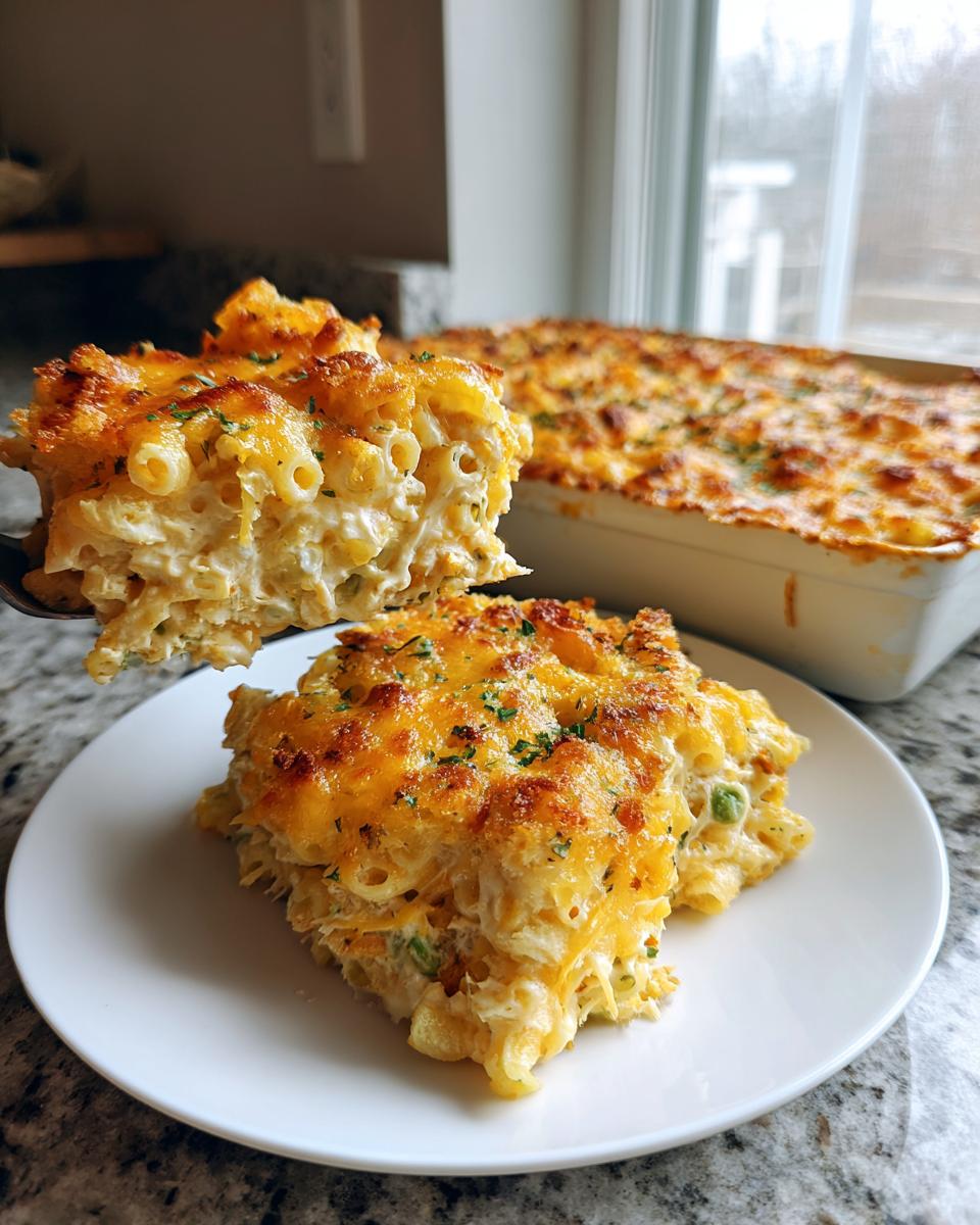 A serving of creamy tuna pasta bake lifted onto a plate, showing a golden, bubbly cheese crust.