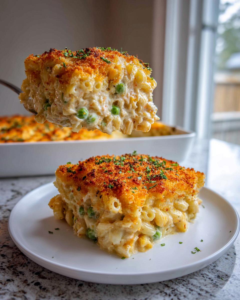 A serving spoon lifts a portion of creamy tuna pasta bake with peas and a golden crust onto a white plate.
