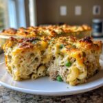 A generous slice of creamy tuna pasta bake showing macaroni, tuna, and peas, topped with a golden, bubbly cheese crust.