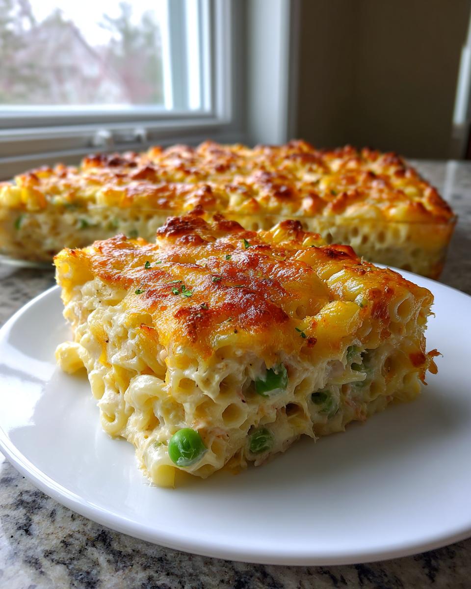 A perfect square slice of creamy tuna pasta bake with peas and a golden, bubbly cheese crust.